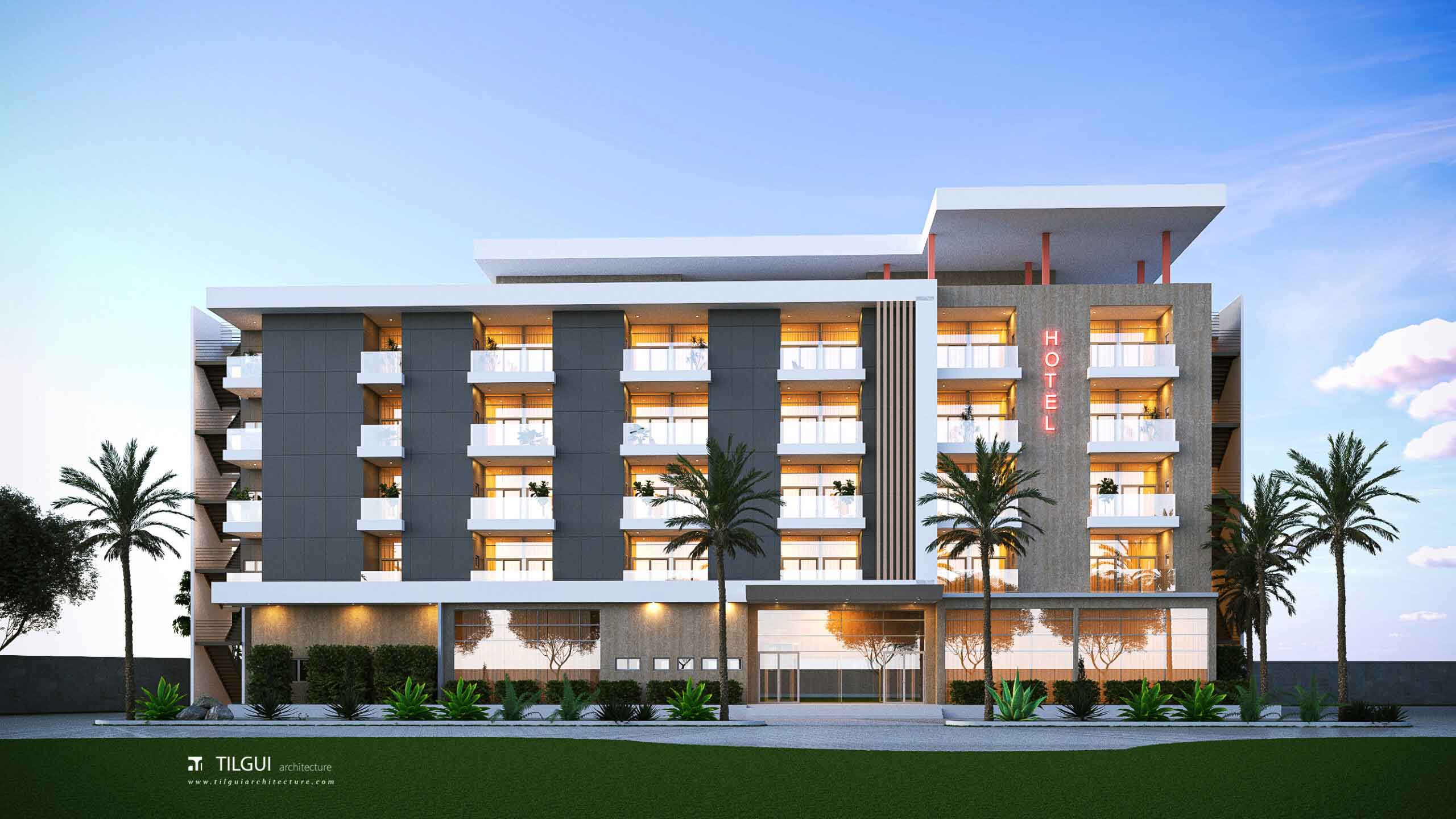 Hôtel R+5 contemporain à Ouagadougou conçu par TILGUI Architecture. Un bâtiment moderne avec piscine sur le toit, façades élégantes et espaces confortables pour un séjour haut de gamme.