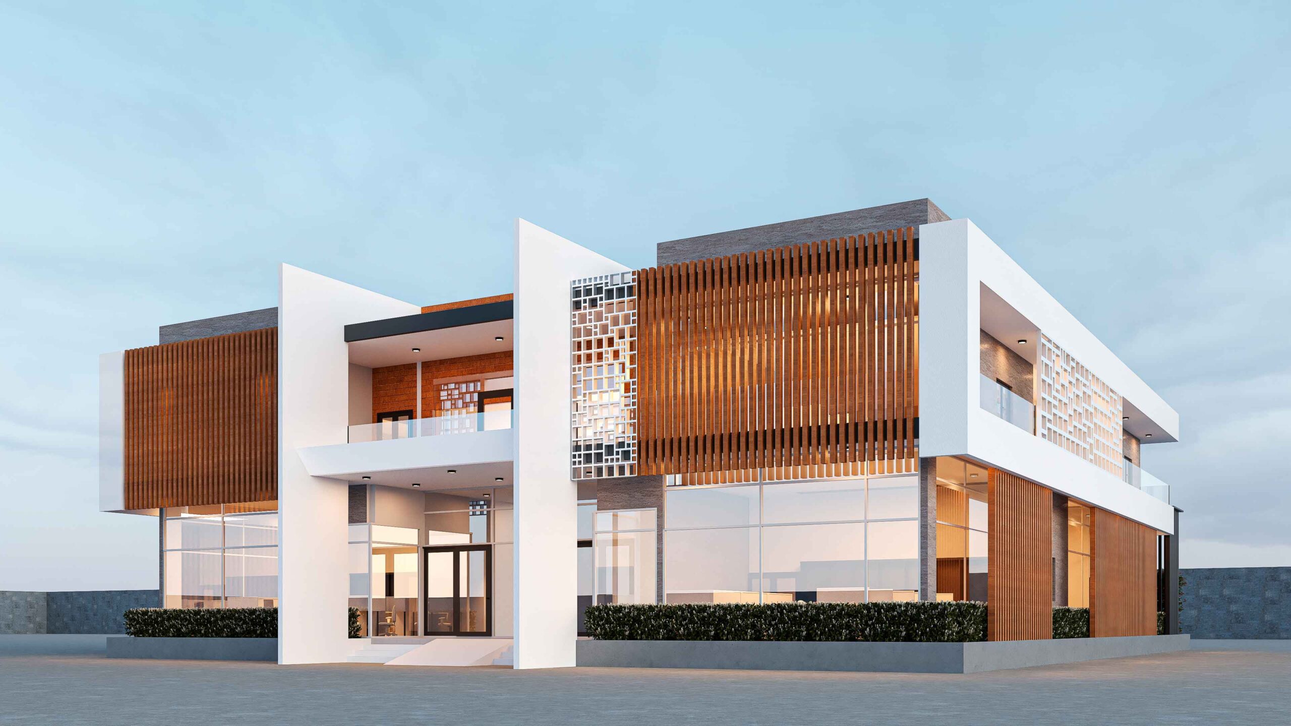 Façade d'un bâtiment administratif moderne à Ouagadougou, avec brise-soleil en bois et grandes baies vitrées filtrant la lumière naturelle.