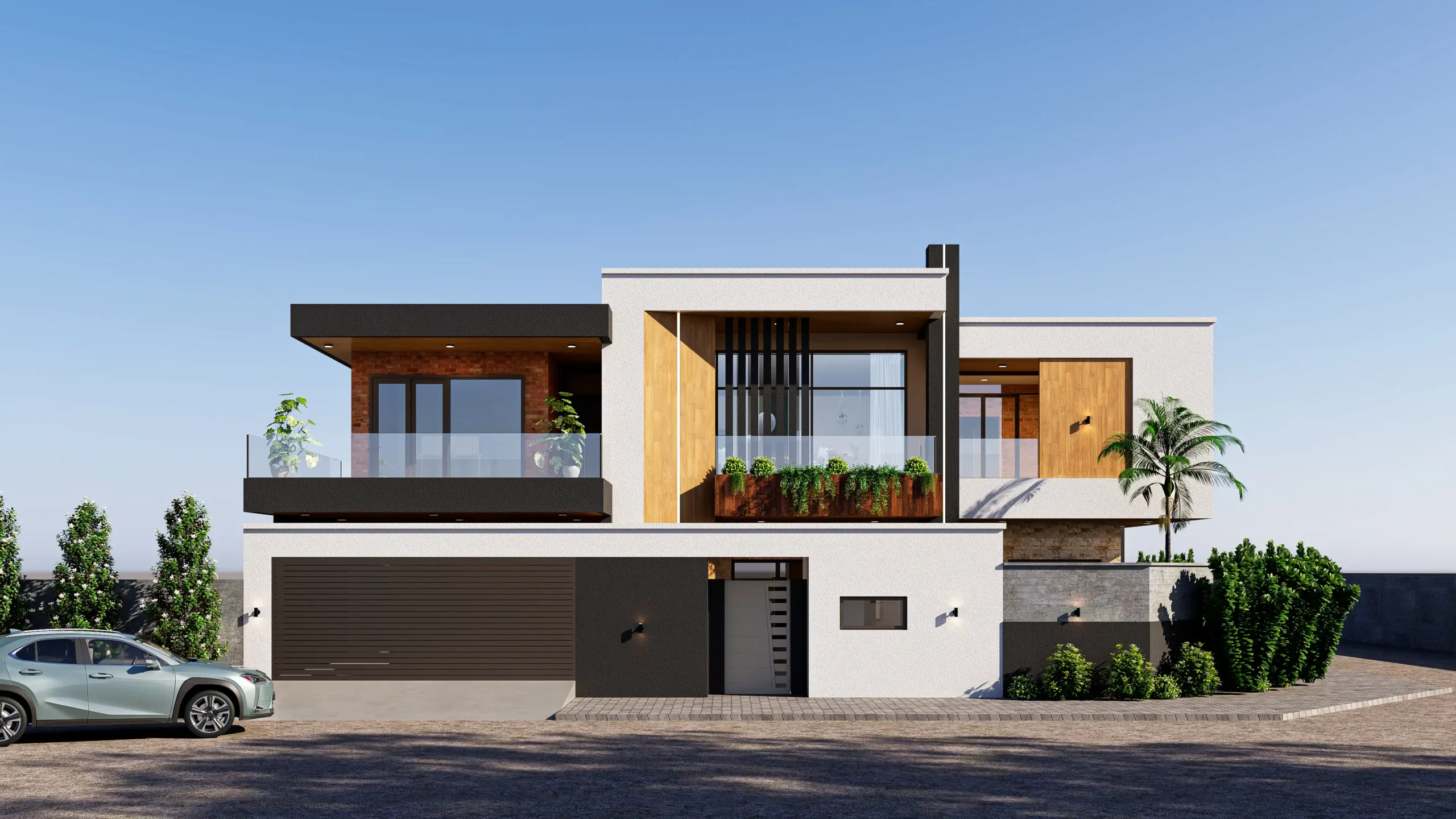 Façade principale d'une villa duplex moderne avec bardage bois, brique rouge et grandes baies vitrées, vue de face