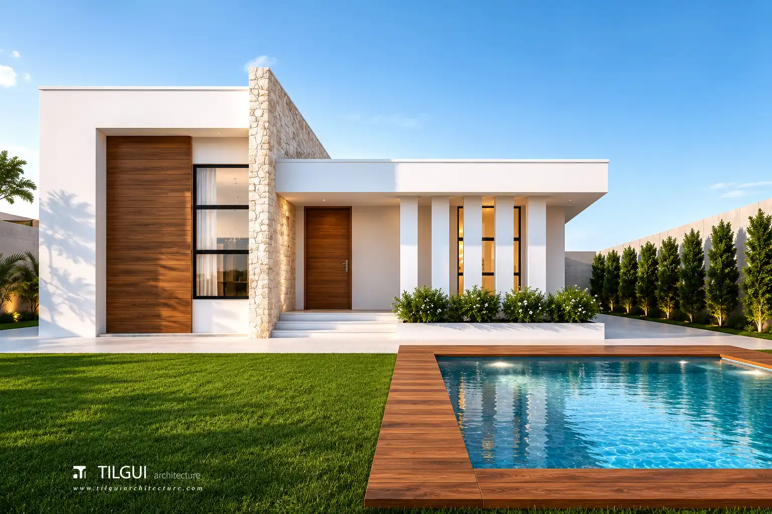 Façade principale d’une villa basse contemporaine avec piscine et jardin à Gonsé.