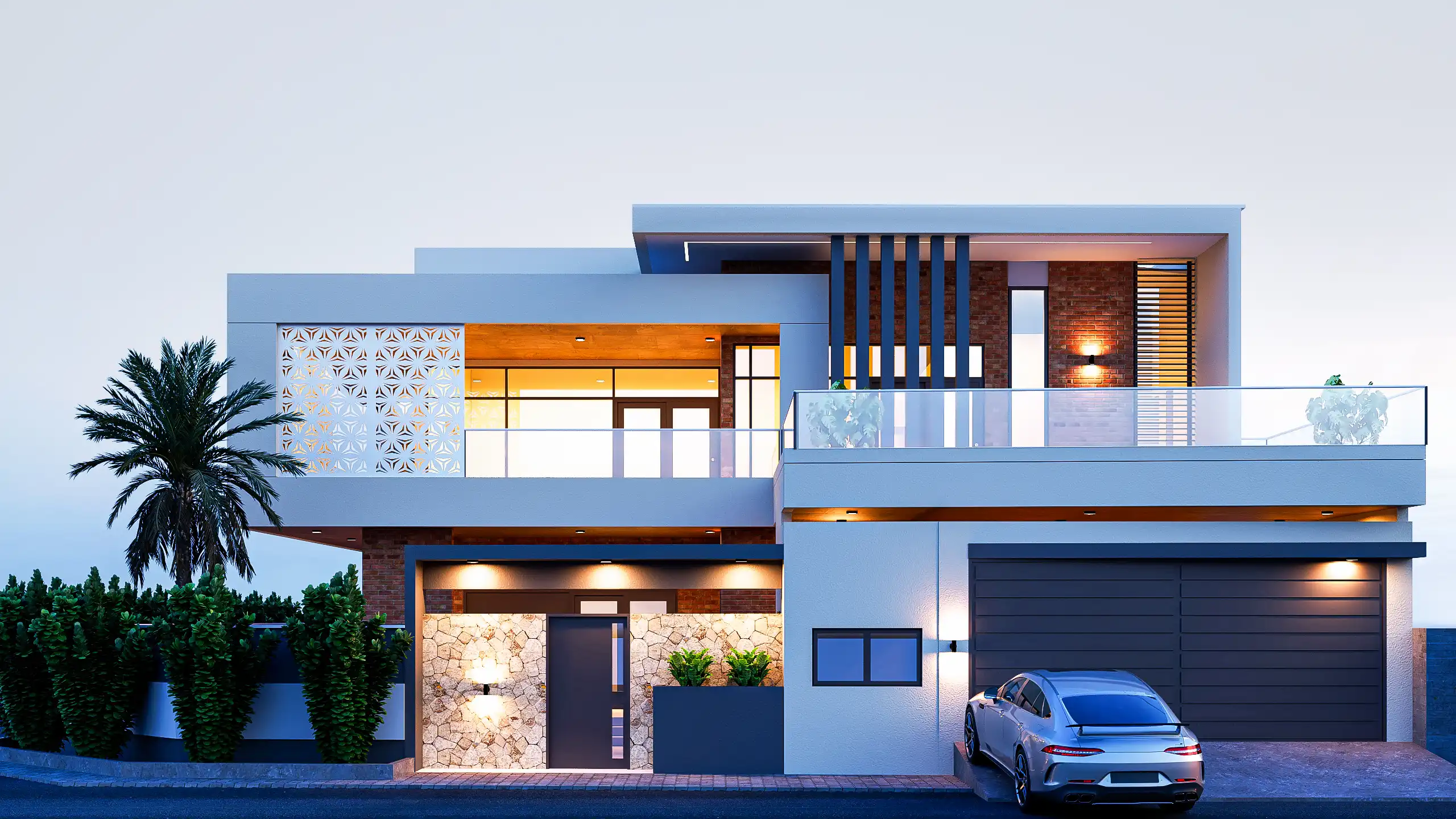 Façade principale d’une villa R+1 contemporaine à Saaba avec terrasse, claustra, garage et garde-corps vitré.