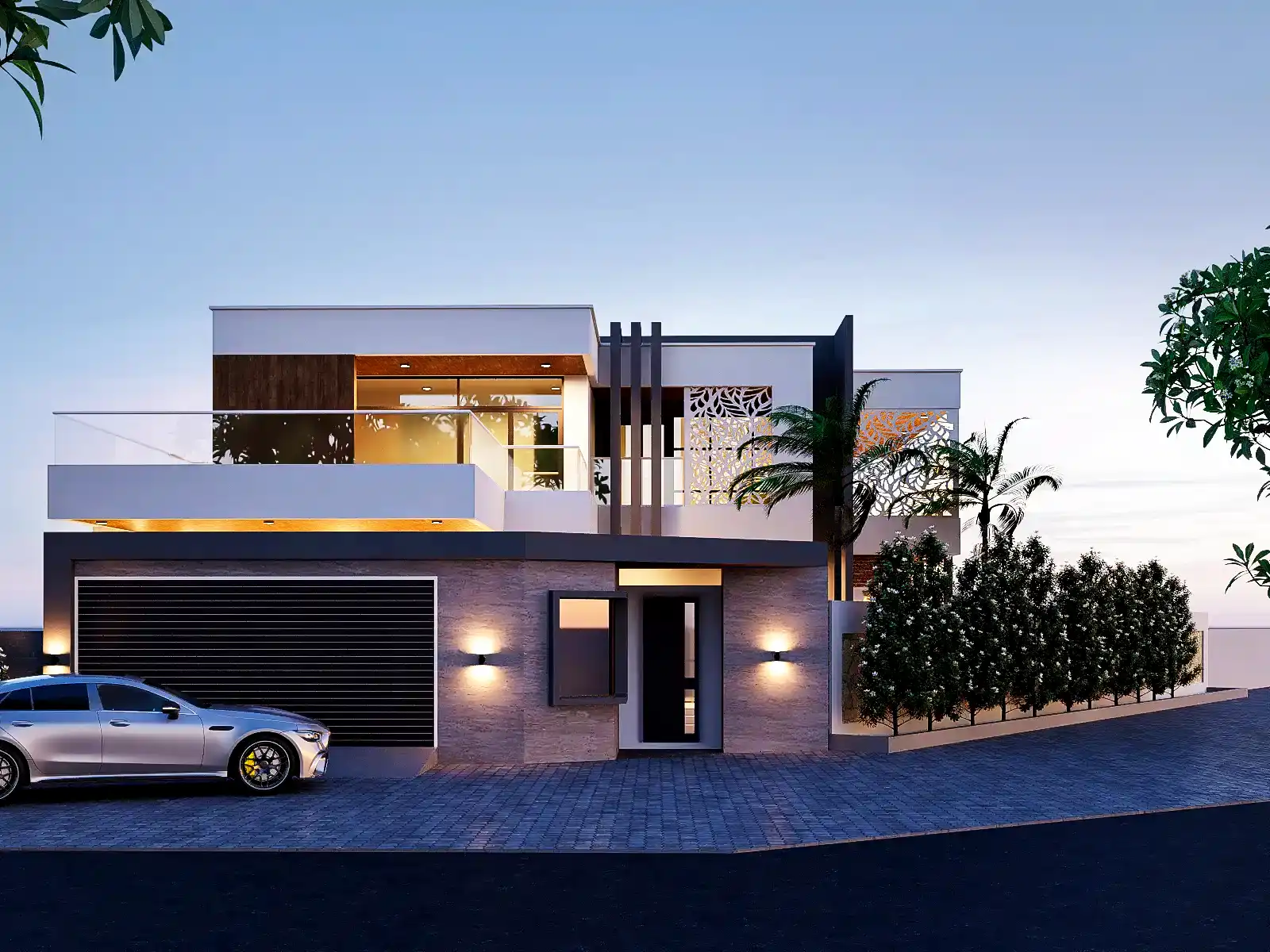 Façade principale d’un duplex moderne à Ouagadougou avec terrasse, claustras et garage